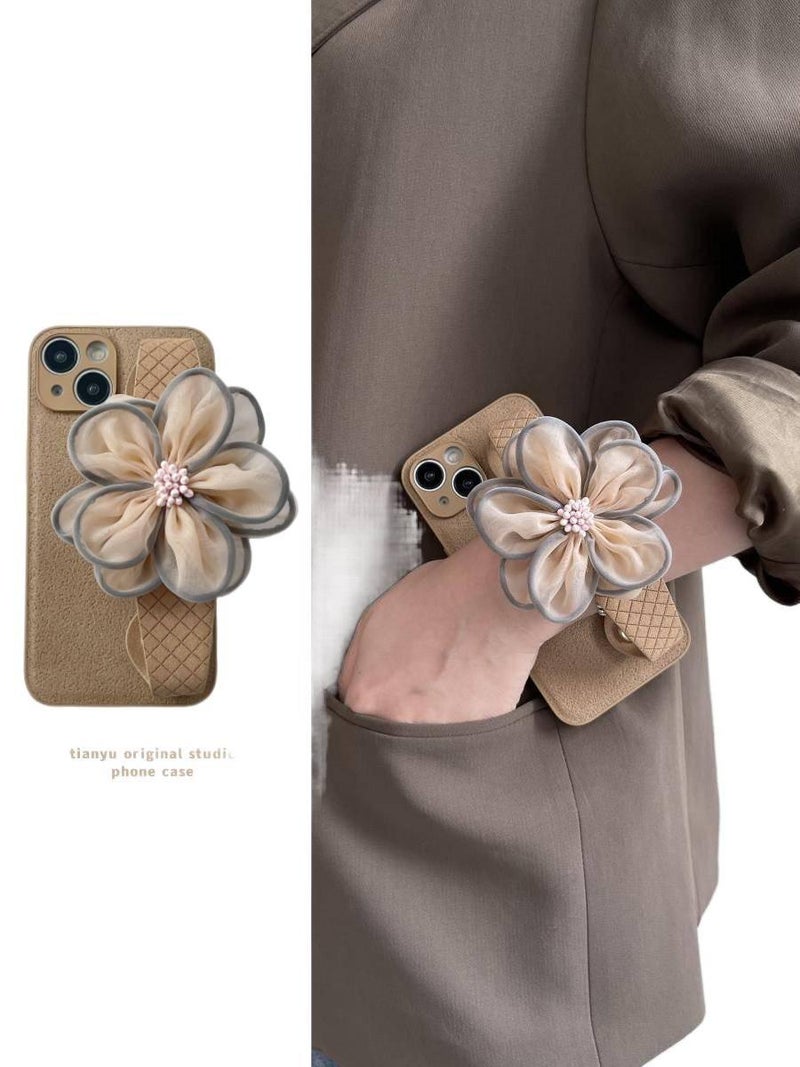 غطاء واقي | مقاوم للصدمات لـ iPhone 13 | نقشة زهور | Light Coffee ملمس جلد - Image 2
