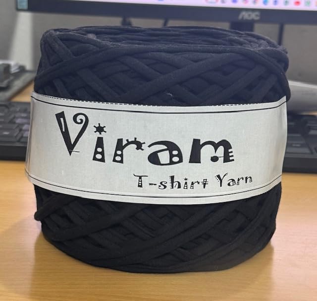VIRAM Black T-Shirt Yarn, Fabric Strips for Crochet, Knitting, and Craft Projects - Recycled Cotton, Eco-Friendly Yarn for DIY Crafts (Black, 900g)