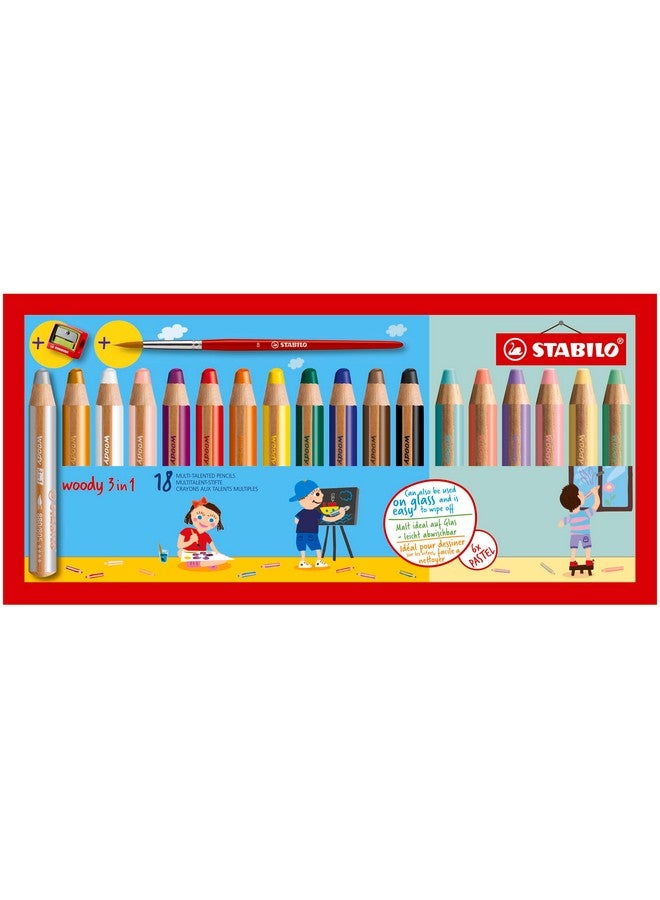 STABILO STABILO Multi-talented Pencil woody Pastel 3-in-1 Wallet of 18 Assorted Colours + Sharpener, Extra Large  - Image 1