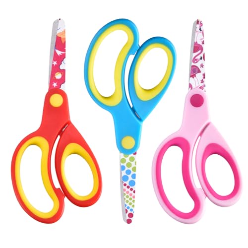 Zicolu Left Handed Kids Scissors, Lefty Safety Toddler Children Scissors, Small Craft Scissors with Blunt Tip - Fun Print Blade, Great for DIY, Arts, Home, School Classroom Use, Assorted Color, 3-Pack - Image 1