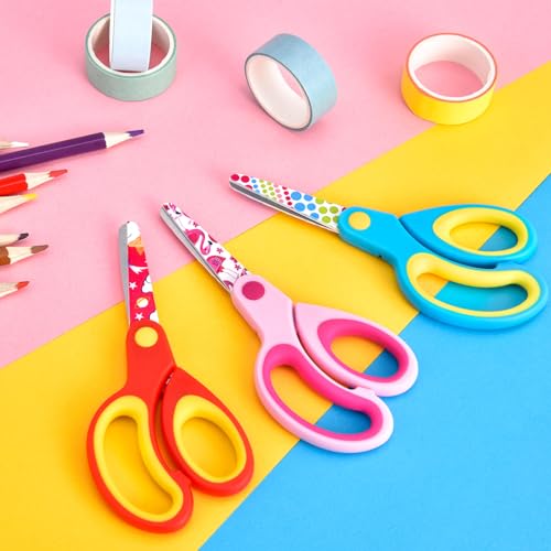 Zicolu Left Handed Kids Scissors, Lefty Safety Toddler Children Scissors, Small Craft Scissors with Blunt Tip - Fun Print Blade, Great for DIY, Arts, Home, School Classroom Use, Assorted Color, 3-Pack - Image 2