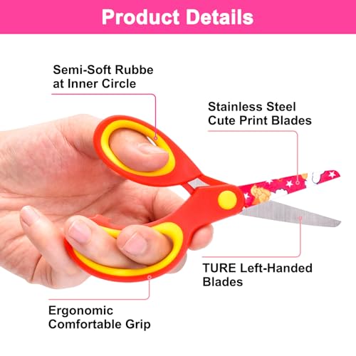 Zicolu Left Handed Kids Scissors, Lefty Safety Toddler Children Scissors, Small Craft Scissors with Blunt Tip - Fun Print Blade, Great for DIY, Arts, Home, School Classroom Use, Assorted Color, 3-Pack - Image 4