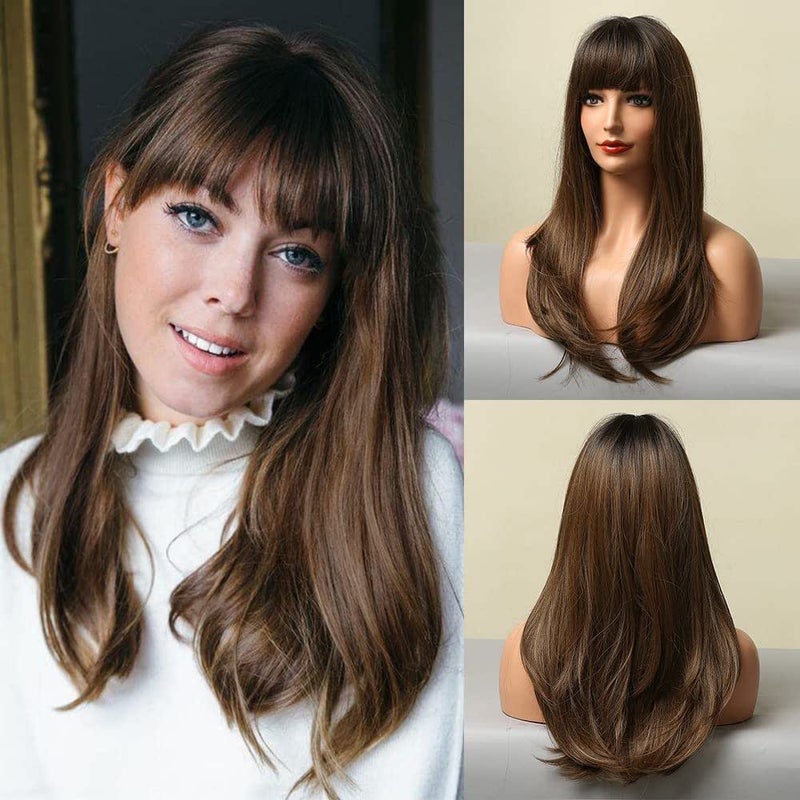 ECIF Brown Wigs For Women Long Straight Layered Wig With Bangs Heat Resistant Fiber Synthetic Wigs Daily Natural Looking - Image 1