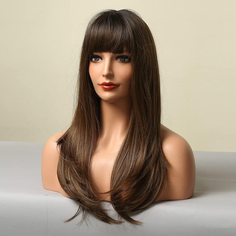 ECIF Brown Wigs For Women Long Straight Layered Wig With Bangs Heat Resistant Fiber Synthetic Wigs Daily Natural Looking - Image 5