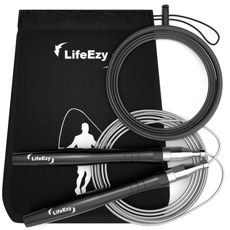 LIFEEZY حبل قفز، حبل قفز وزني عالي السرعة - جودة ممتازة خالية من التشابك - تصميم ذاتي القفل بدون براغي - حبل قفز لتمارين اللياقة البدنية، كروس فيت والتمارين المنزلية (أسود) - Image 1