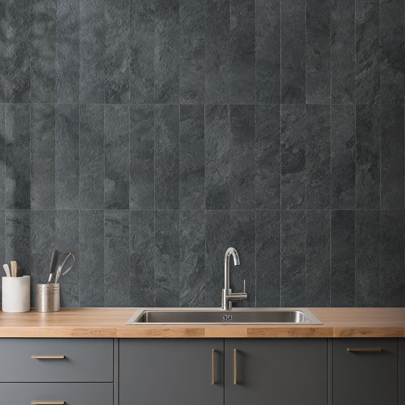 AULIGET 40-Piece Black Slate Peel and Stick Backsplash Wall Tiles, 3" x 12" PVC Faux Stone Stick on Tiles for Backsplash Kitchen, Bathroom, Laundry Room, Camper, Fireplace - Image 5