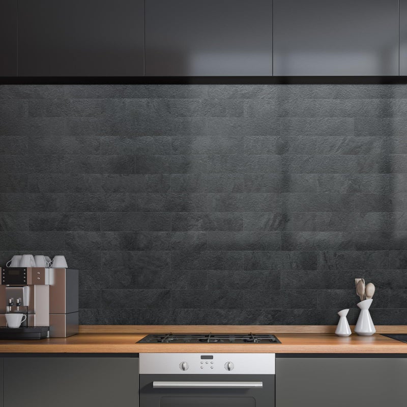 AULIGET 40-Piece Black Slate Peel and Stick Backsplash Wall Tiles, 3" x 12" PVC Faux Stone Stick on Tiles for Backsplash Kitchen, Bathroom, Laundry Room, Camper, Fireplace - Image 2
