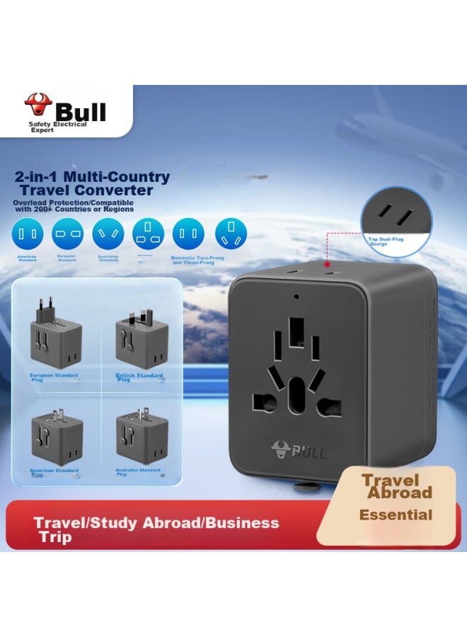 Bull 2-outlet Multi-country Travel Adapter/global Universal Converter Plug For Overseas And Some Regions, Using European, American, Australian, And Uk Standards Gn-l10 Deep Space Gray Without Switch - Image 1