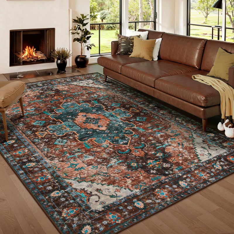 Ciicool Area Rug 5x7ft Washable Rugs for Living Room Non-Slip Indoor Rugs Large Low-Pile Mat Floor Carpet Vintage Rug for Bedroom Dinning Foyer Decor (Brick Red/Dull Teal) - Image 1