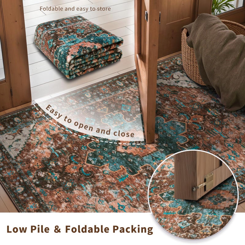 Ciicool Area Rug 5x7ft Washable Rugs for Living Room Non-Slip Indoor Rugs Large Low-Pile Mat Floor Carpet Vintage Rug for Bedroom Dinning Foyer Decor (Brick Red/Dull Teal) - Image 5