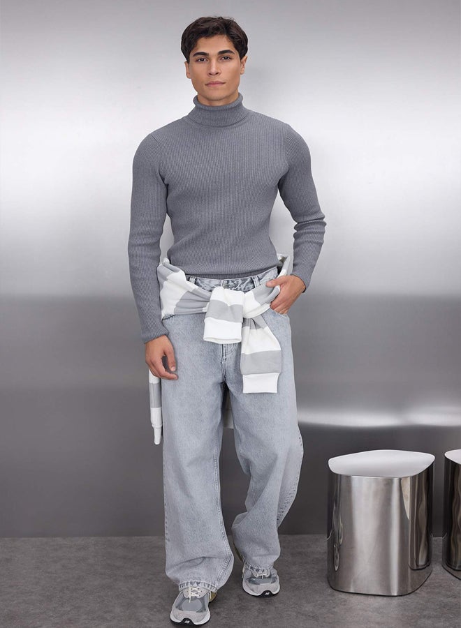 trendyol Smoke Slim Fit Cotton Couple/Double Turtleneck Ribbed Knit Sweater - Image 2