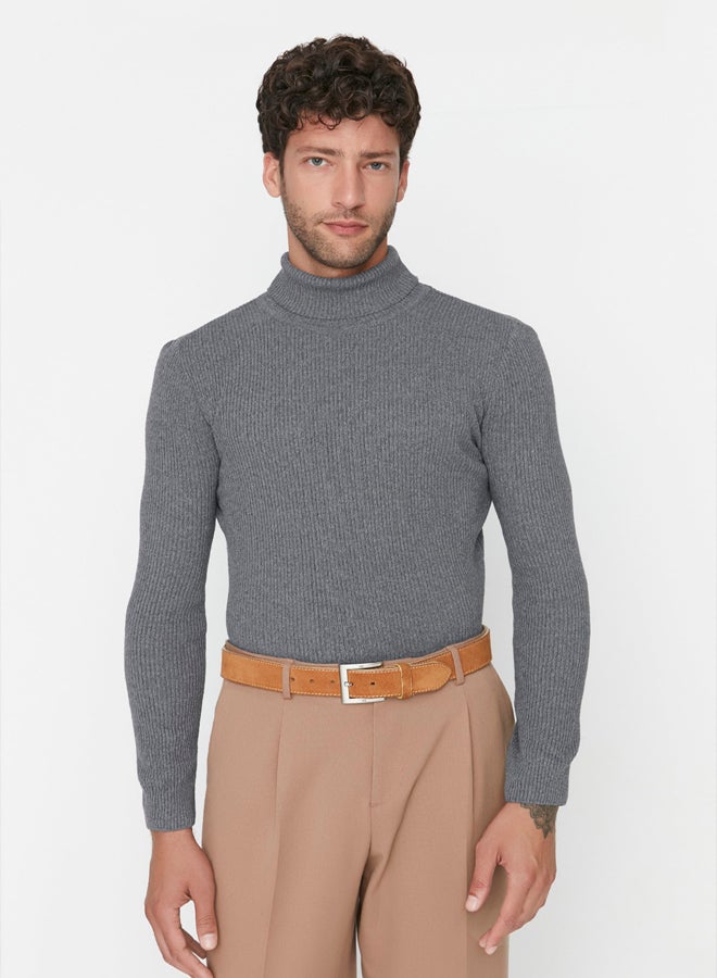 trendyol Smoke Slim Fit Cotton Couple/Double Turtleneck Ribbed Knit Sweater - Image 5