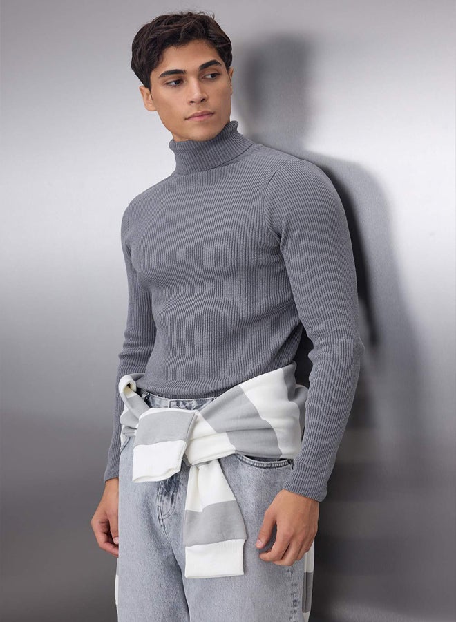 trendyol Smoke Slim Fit Cotton Couple/Double Turtleneck Ribbed Knit Sweater - Image 1
