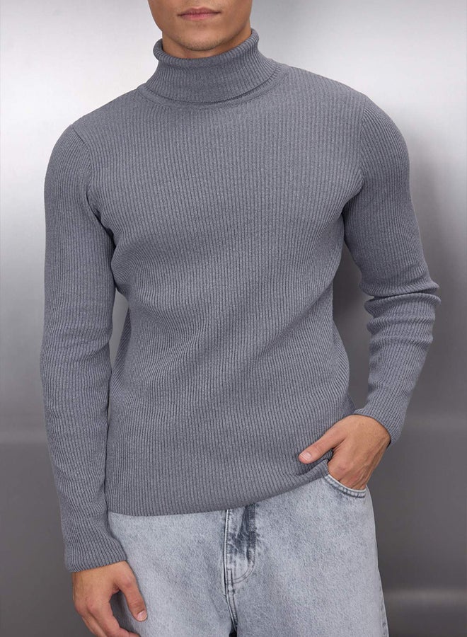 trendyol Smoke Slim Fit Cotton Couple/Double Turtleneck Ribbed Knit Sweater - Image 3