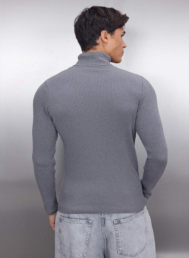 trendyol Smoke Slim Fit Cotton Couple/Double Turtleneck Ribbed Knit Sweater - Image 4