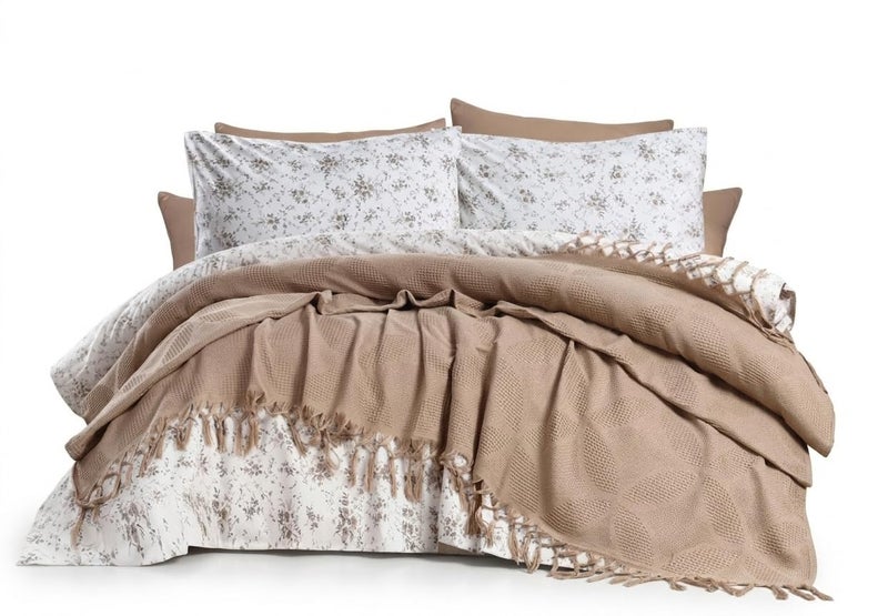Home Collection 5 Piece Cotton Bedding Set with Coverlet Beka 230x250cm, Fitted Sheet 220x240cm, 2 Pillows 55x75cm, Pillowcase 40x160cm, Floral Pattern (color 5)