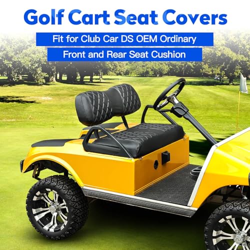 NOKINS 4PCS Golf Cart Diamond Seat Covers Kit, Front and Rear Seat Covers Fits Club Car DS 2000.5-Up Standard Seat Cushion, Club Car DS Vinyl Seat Covers Accessories(Black&Black Stitching) - Image 2