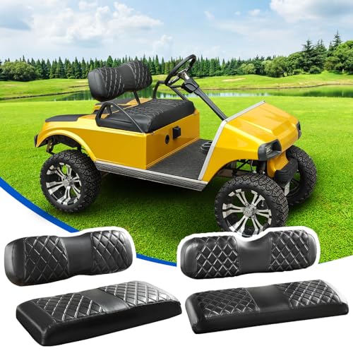 NOKINS 4PCS Golf Cart Diamond Seat Covers Kit, Front and Rear Seat Covers Fits Club Car DS 2000.5-Up Standard Seat Cushion, Club Car DS Vinyl Seat Covers Accessories(Black&Black Stitching) - Image 1