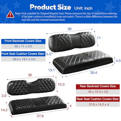 NOKINS 4PCS Golf Cart Diamond Seat Covers Kit, Front and Rear Seat Covers Fits Club Car DS 2000.5-Up Standard Seat Cushion, Club Car DS Vinyl Seat Covers Accessories(Black&Black Stitching) - Image 5