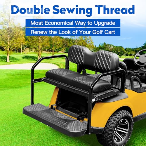NOKINS 4PCS Golf Cart Diamond Seat Covers Kit, Front and Rear Seat Covers Fits Club Car DS 2000.5-Up Standard Seat Cushion, Club Car DS Vinyl Seat Covers Accessories(Black&Black Stitching) - Image 3