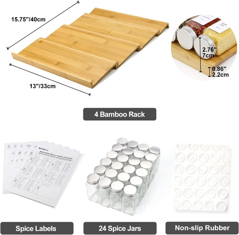 KitHero Spice Drawer Organizer with 24 Spice Jars and 216 Labels,Non-slip Rubber, Bamboo 4 Tier Spice Racks Tray Seasoning Containers for Kitchen Drawers,Cabinets,Countertops,13" Wide * 15.8" Deep - Image 3