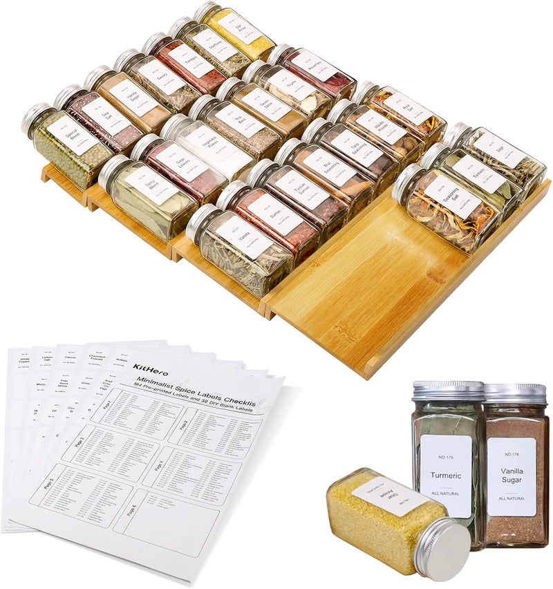 KitHero Spice Drawer Organizer with 24 Spice Jars and 216 Labels,Non-slip Rubber, Bamboo 4 Tier Spice Racks Tray Seasoning Containers for Kitchen Drawers,Cabinets,Countertops,13" Wide * 15.8" Deep - Image 1