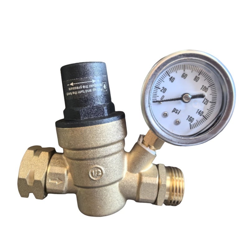 Adjustable RV Water Pressure Regulator: Lead-Free Brass, Gauge-Equipped, Dual Filtration - No Tool Adjustment, NH3/4 Thread Pressure Reducer for RVs, Travel Trailers, Home Plumbing - Image 1