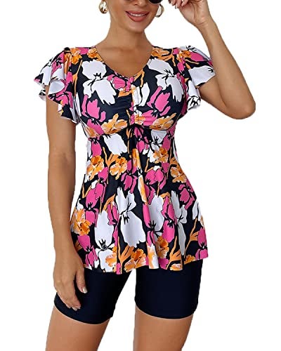 Fanuerg Women's Tankini Swimsuits Ruffled Flowy Tankini Tops with Boy Shorts Swimwear Tummy Control Two Piece Bathing Suits Orange Floral Print S - Image 1