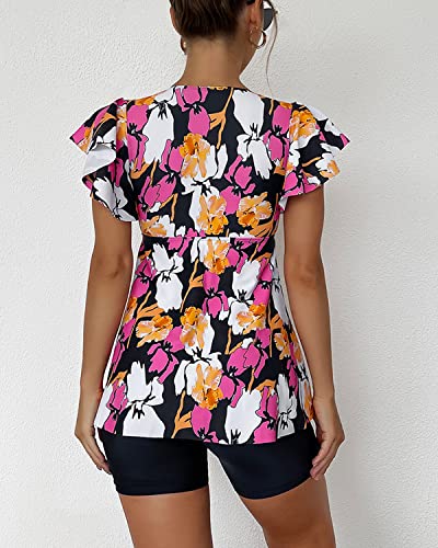 Fanuerg Women's Tankini Swimsuits Ruffled Flowy Tankini Tops with Boy Shorts Swimwear Tummy Control Two Piece Bathing Suits Orange Floral Print S - Image 5