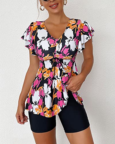 Fanuerg Women's Tankini Swimsuits Ruffled Flowy Tankini Tops with Boy Shorts Swimwear Tummy Control Two Piece Bathing Suits Orange Floral Print S - Image 2