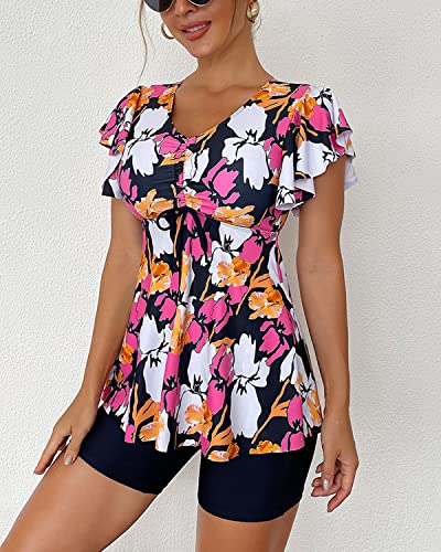 Fanuerg Women's Tankini Swimsuits Ruffled Flowy Tankini Tops with Boy Shorts Swimwear Tummy Control Two Piece Bathing Suits Orange Floral Print S - Image 3