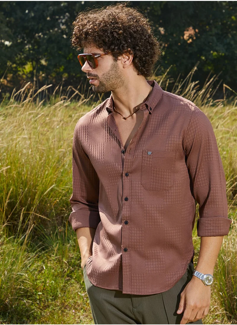 كامبوس سوترا Men's Sienna Brown Houndstooth-Tactile Shirt