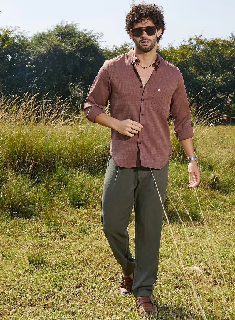 Campus Sutra Men's Sienna Brown Houndstooth-Tactile Shirt