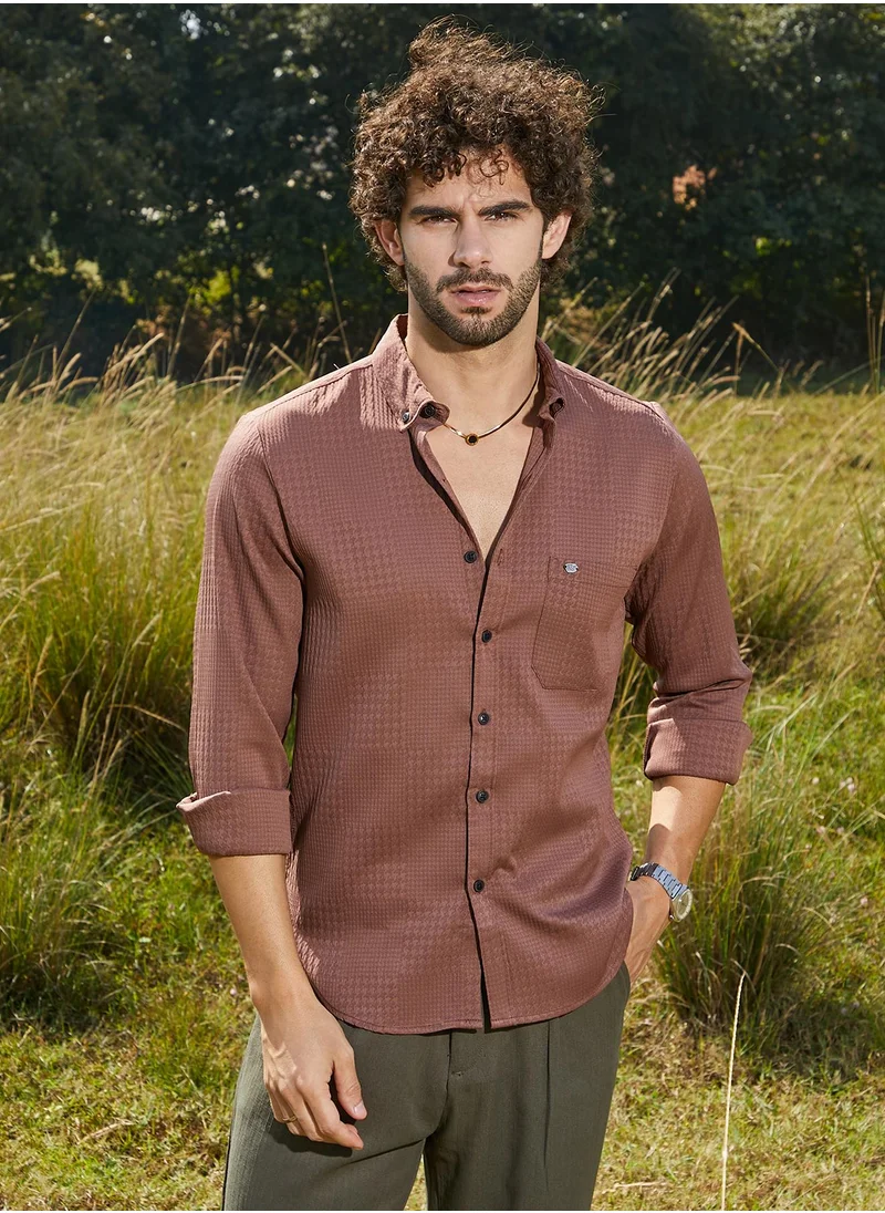 كامبوس سوترا Men's Sienna Brown Houndstooth-Tactile Shirt