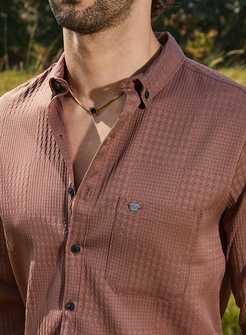 Campus Sutra Men's Sienna Brown Houndstooth-Tactile Shirt
