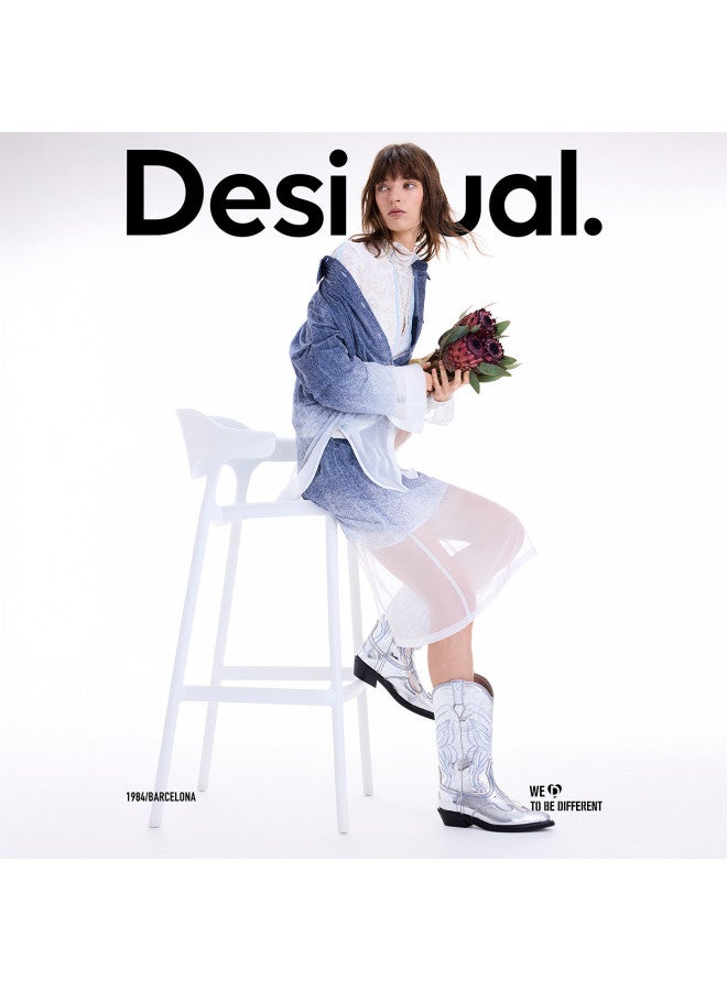 DESIGUAL وصول جديد خريف/شتاء 2025 - تنورة أورجانزا بتدرج دنيم مزيف مزخرف باللون الأزرق - Image 5