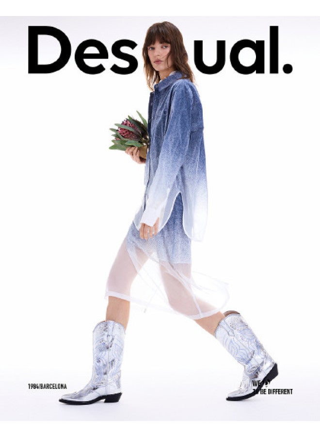 DESIGUAL وصول جديد خريف/شتاء 2025 - تنورة أورجانزا بتدرج دنيم مزيف مزخرف باللون الأزرق - Image 1