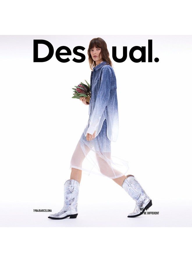 DESIGUAL وصول جديد خريف/شتاء 2025 - تنورة أورجانزا بتدرج دنيم مزيف مزخرف باللون الأزرق - Image 2