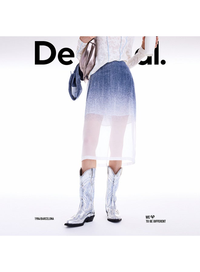 DESIGUAL وصول جديد خريف/شتاء 2025 - تنورة أورجانزا بتدرج دنيم مزيف مزخرف باللون الأزرق - Image 3