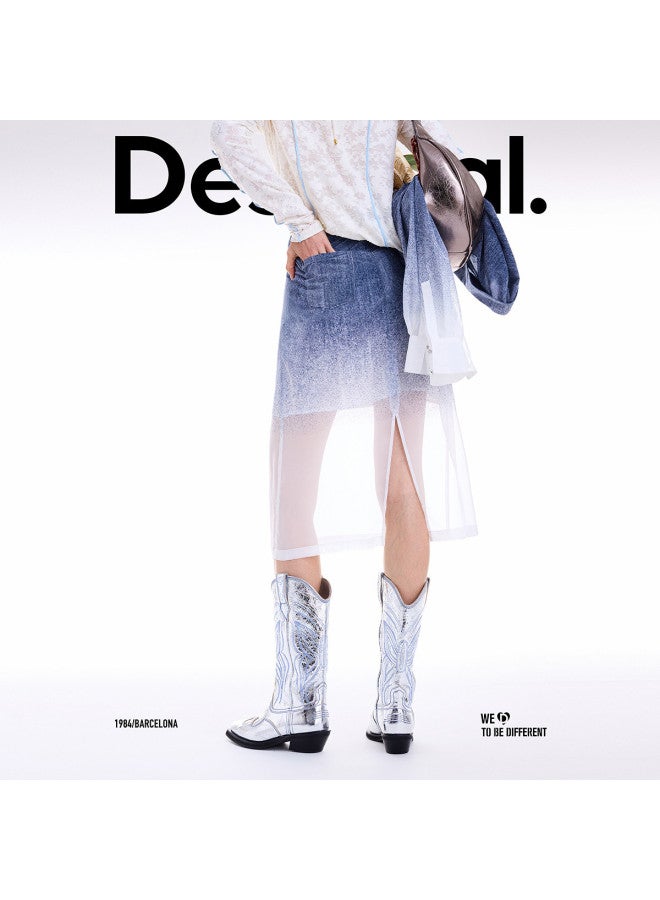 DESIGUAL وصول جديد خريف/شتاء 2025 - تنورة أورجانزا بتدرج دنيم مزيف مزخرف باللون الأزرق - Image 4
