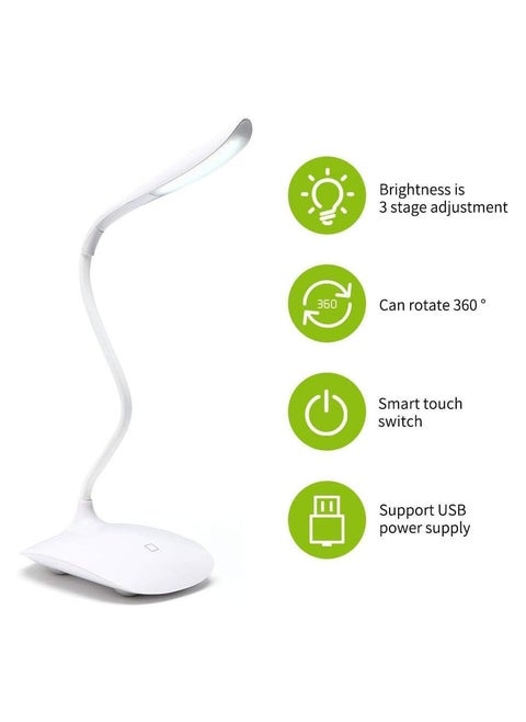 مصباح طاولة مكتب LED من R&amp;J للدراسة، مصباح دراسة قابل لإعادة الشحن عبر USB للطلاب، مصباح مكتبي ثلاثي المراحل قابل للتعتيم ومصابيح طاولة للدراسة للمنزل - أبيض