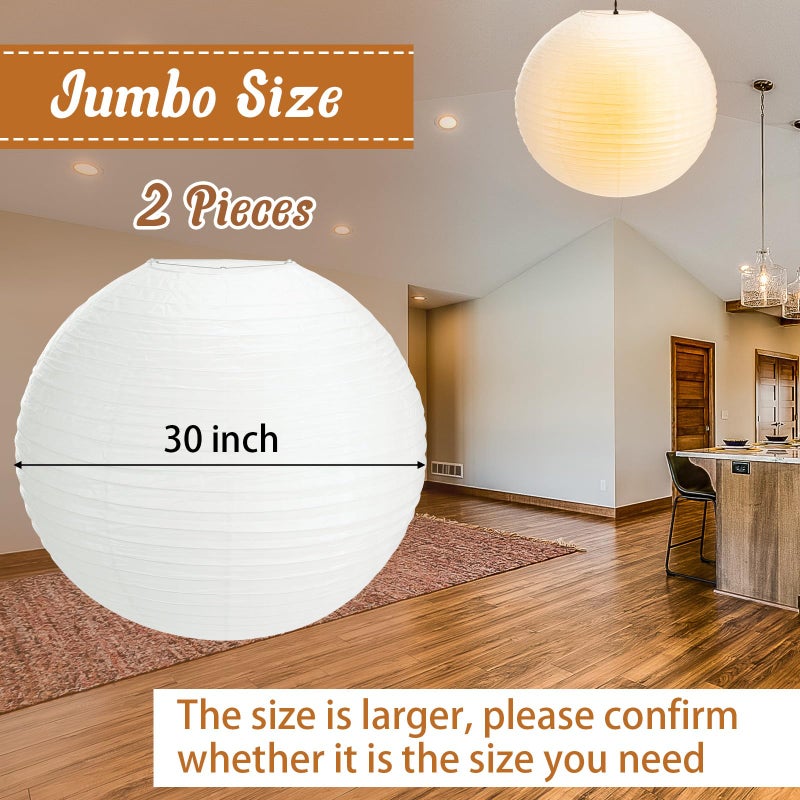 Lanties 2 Pcs 30 Inch White Paper Lanterns Large Jumbo Round Lantern Lamp Hanging Ball Luminary for Wedding Party Bridal Shower Decoration Anniversary Birthday Classroom Home Ceiling Decorations - Image 2