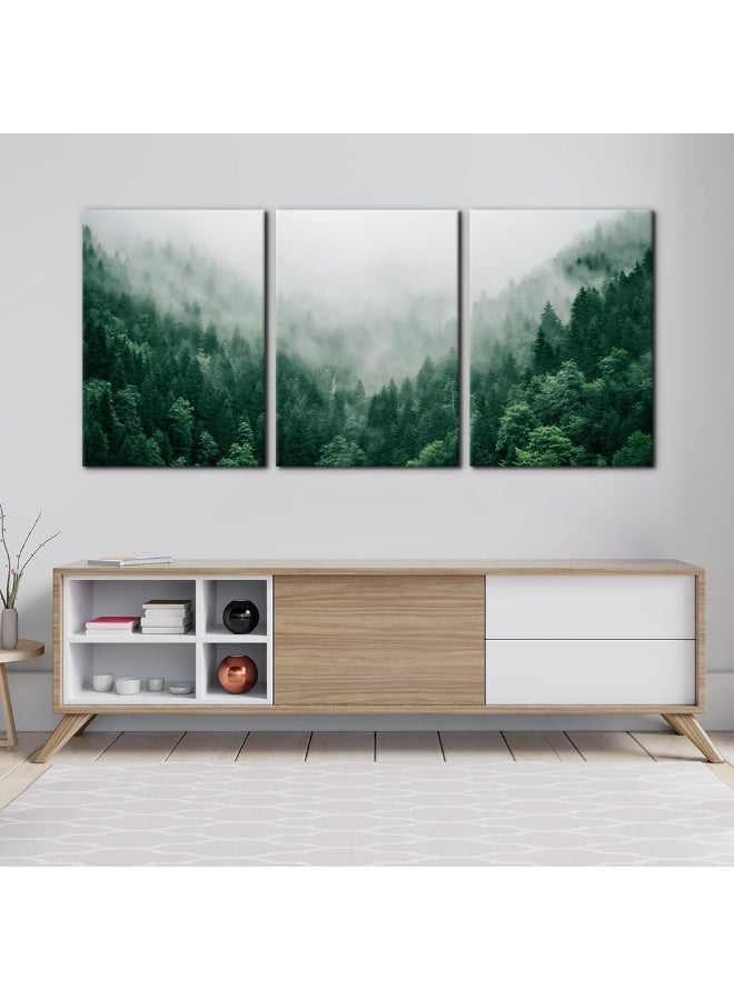 Pacimo Canvas Print Wall Art Set Talking with the Fog Aerial View of Pine Trees in Mist Realism Pictures Print on Canvas Rustic Scenic Modern Artwork Stretch Framed Ready to Hang - 20"x28"x3 Panel - Image 3