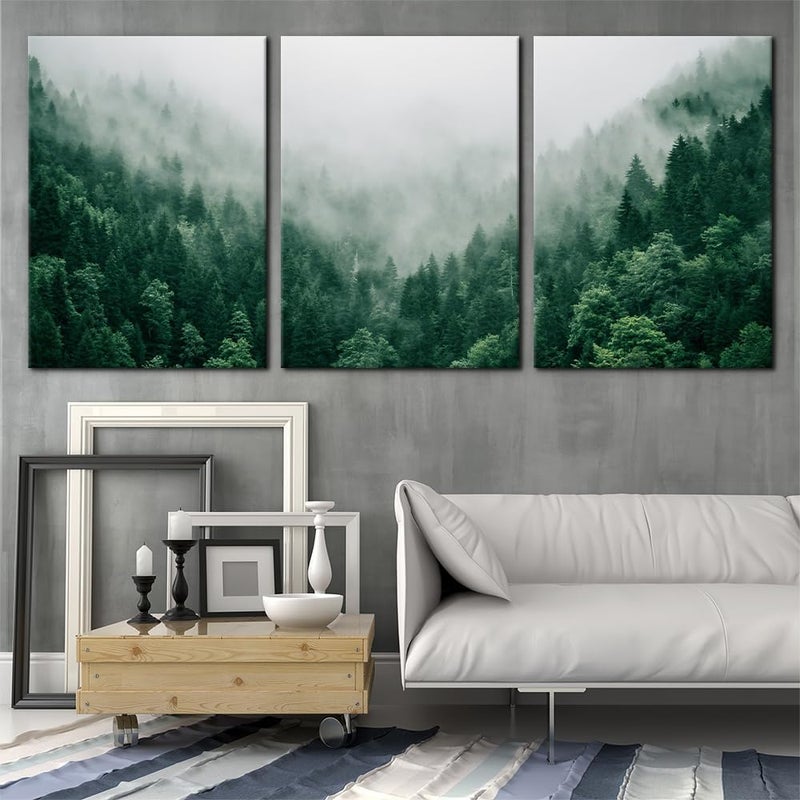 Pacimo Canvas Print Wall Art Set Talking with the Fog Aerial View of Pine Trees in Mist Realism Pictures Print on Canvas Rustic Scenic Modern Artwork Stretch Framed Ready to Hang - 20"x28"x3 Panel - Image 2
