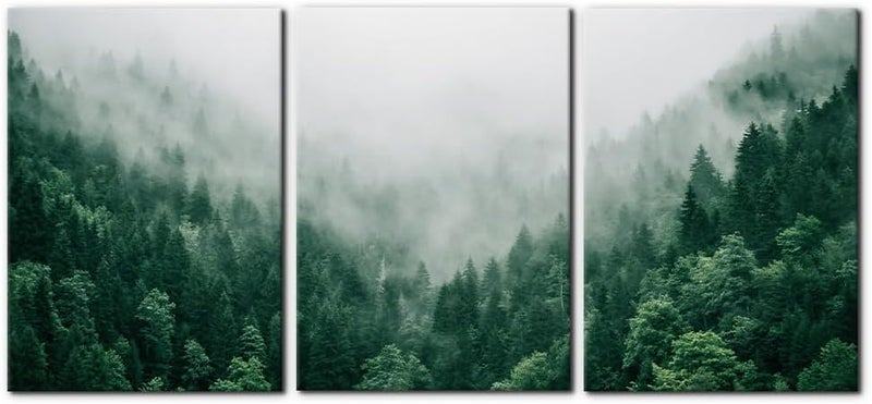 Pacimo Canvas Print Wall Art Set Talking with the Fog Aerial View of Pine Trees in Mist Realism Pictures Print on Canvas Rustic Scenic Modern Artwork Stretch Framed Ready to Hang - 20"x28"x3 Panel - Image 1