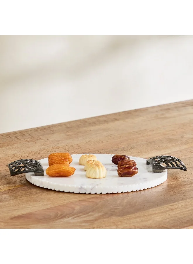 Home Box Willow Round Marble Tray with Handle - 39x31x3 cm