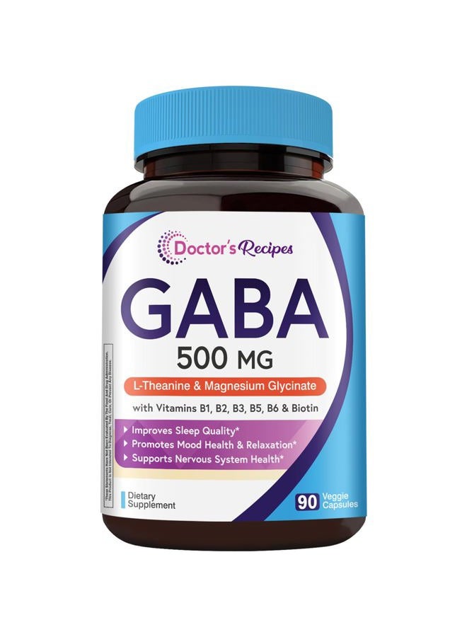 Doctor's Recipes GABA Magnesium Glycinate L-Theanine Supplement, GABA (Gamma-Aminobutyric Acid) 500mg, Vitamin B6, B1, B2, B3, B5, Biotin, Calm, Sleep, Relaxation, Mood Support, 90 Veggie Capsules - Image 1