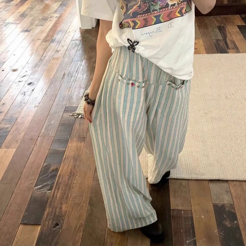 Lake Green Striped Cotton-Linen Casual Pants - Image 2