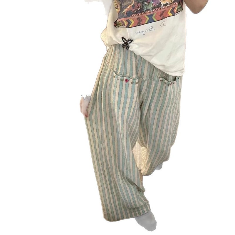 Lake Green Striped Cotton-Linen Casual Pants - Image 5