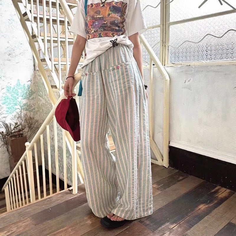 Lake Green Striped Cotton-Linen Casual Pants - Image 1